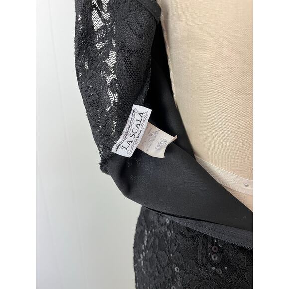 Vintage 90s Y2K Black Lace Maxi Dress Gown Medium Beaded Rhinestone Mermaid Hem - Picture 11 of 16